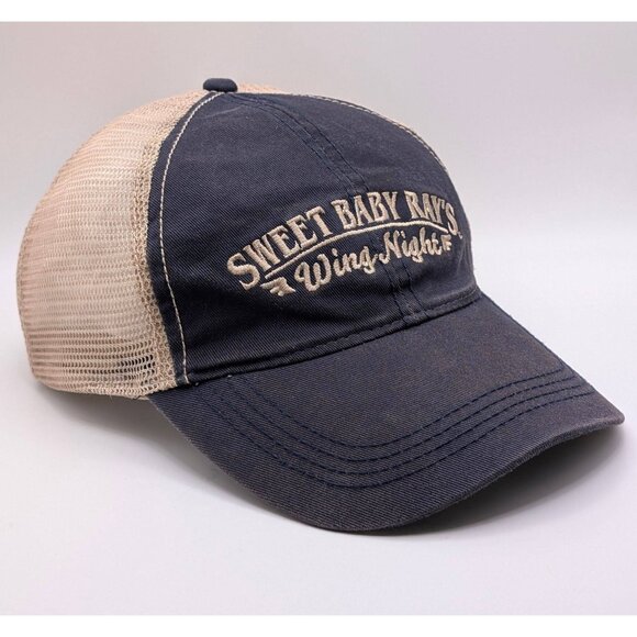 Sweet Baby Rays Wing Night Barbecue Sauce BBQ Snapback Hat Cap Mesh Blue Beige - Picture 1 of 5